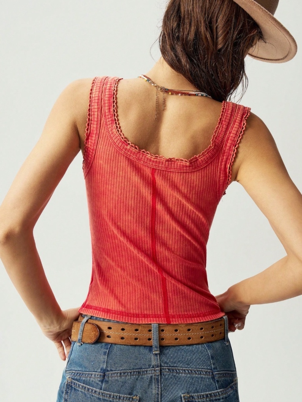 Cotton Red Tank Top Button Front Ribbed - Picture 7 of 8
